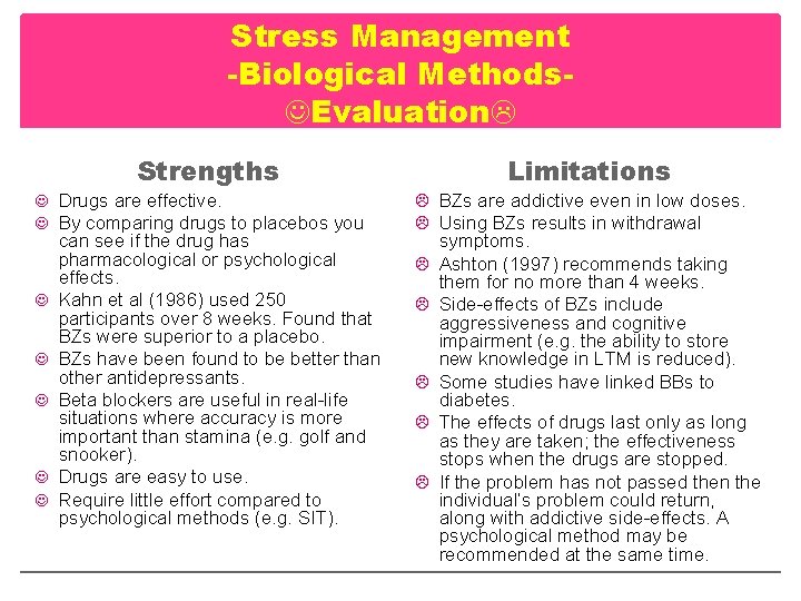 Stress Management -Biological Methods Evaluation Strengths Drugs are effective. By comparing drugs to placebos