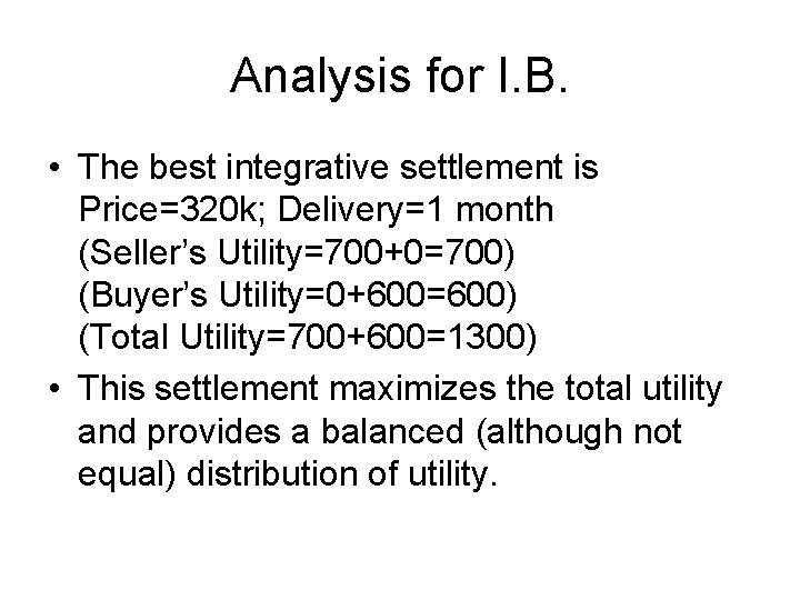 Analysis for I. B. • The best integrative settlement is Price=320 k; Delivery=1 month