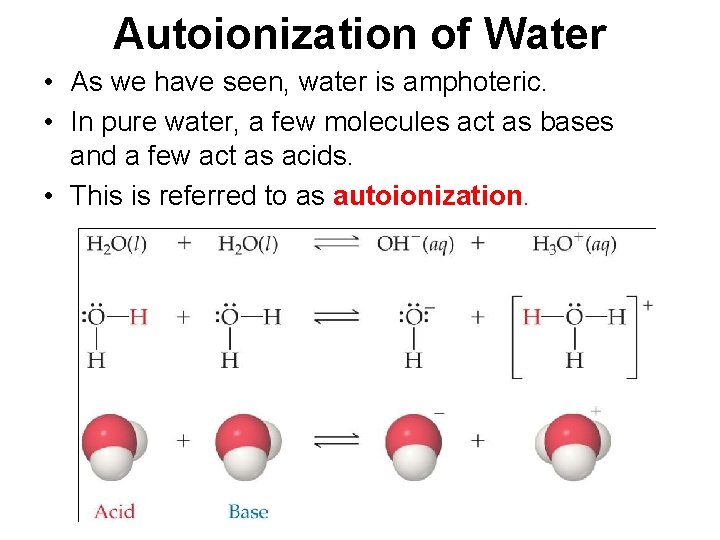 Autoionization of Water • As we have seen, water is amphoteric. • In pure