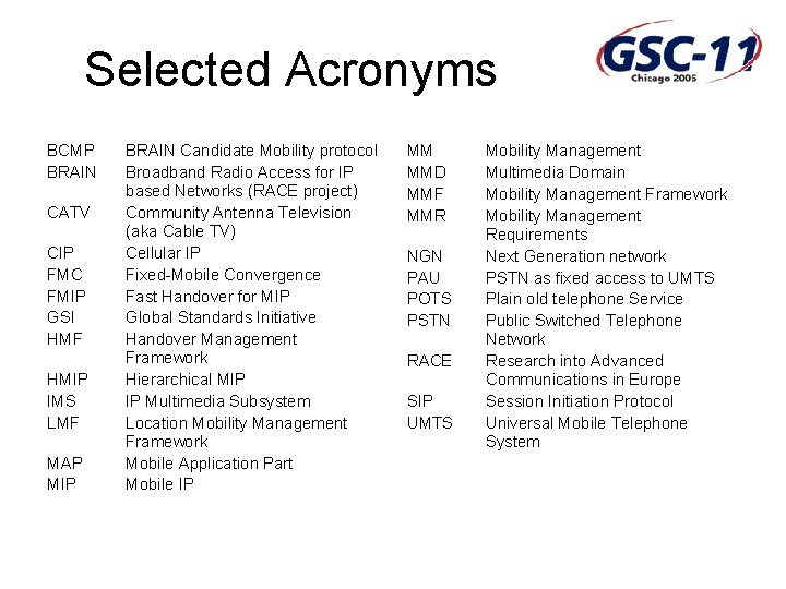 Selected Acronyms BCMP BRAIN CATV CIP FMC FMIP GSI HMF HMIP IMS LMF MAP