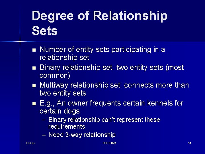 Degree of Relationship Sets n n Number of entity sets participating in a relationship