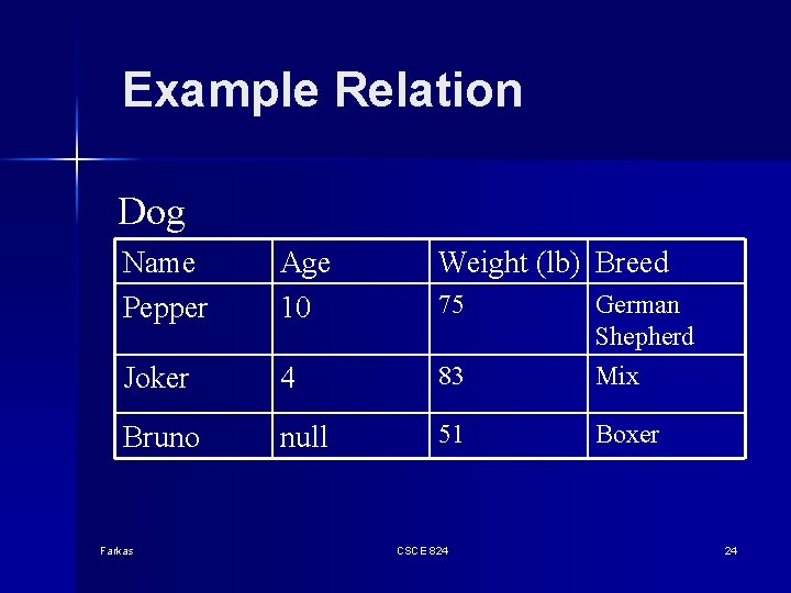 Example Relation Dog Name Pepper Age 10 Weight (lb) Breed Joker 4 83 German