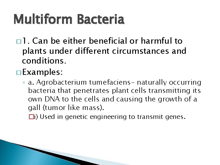 Multiform Bacteria � 1. Can be either beneficial or harmful to plants under different