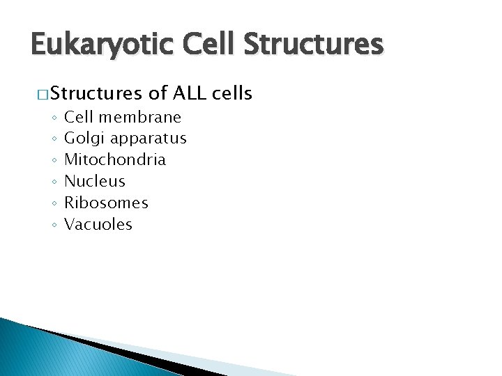 Eukaryotic Cell Structures � Structures ◦ ◦ ◦ of ALL cells Cell membrane Golgi