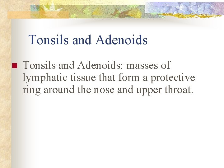 Tonsils and Adenoids n Tonsils and Adenoids: masses of lymphatic tissue that form a