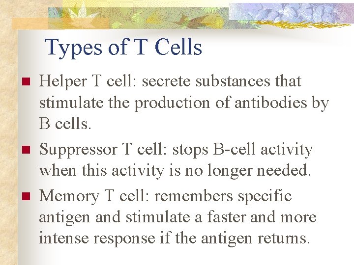 Types of T Cells n n n Helper T cell: secrete substances that stimulate