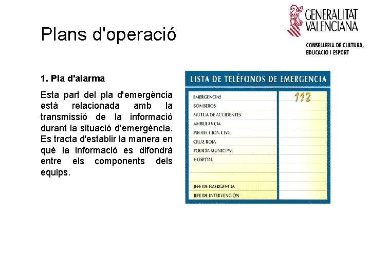 Plans d'operació 1. Pla d'alarma Esta part del pla d'emergència està relacionada amb la