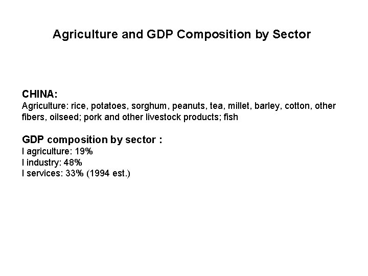 Agriculture and GDP Composition by Sector CHINA: Agriculture: rice, potatoes, sorghum, peanuts, tea, millet,