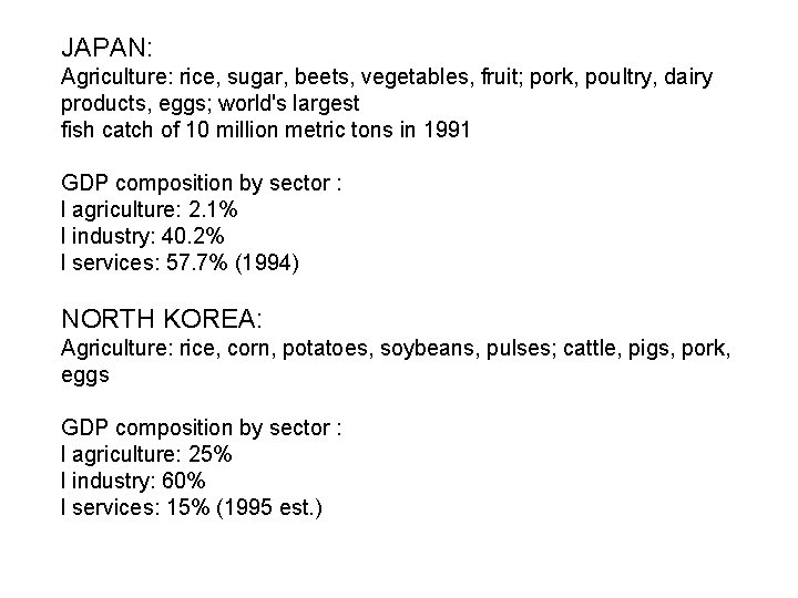JAPAN: Agriculture: rice, sugar, beets, vegetables, fruit; pork, poultry, dairy products, eggs; world's largest