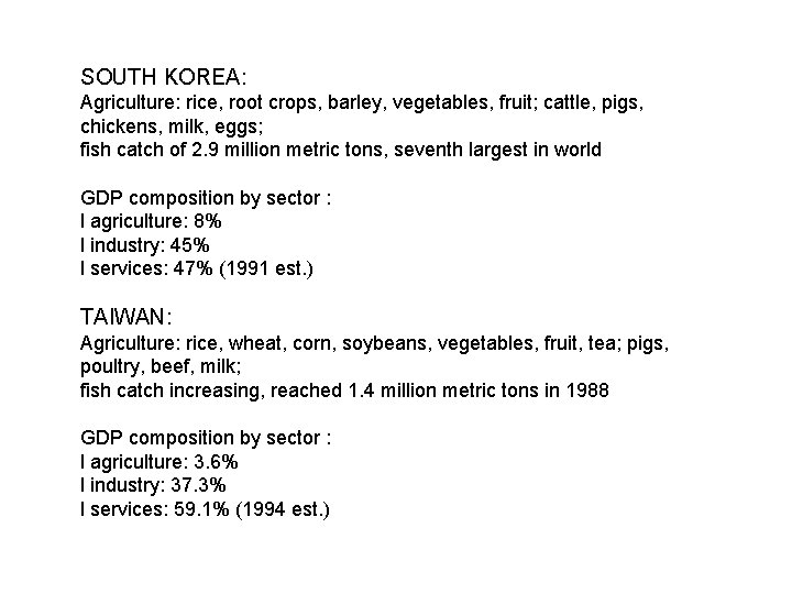 SOUTH KOREA: Agriculture: rice, root crops, barley, vegetables, fruit; cattle, pigs, chickens, milk, eggs;