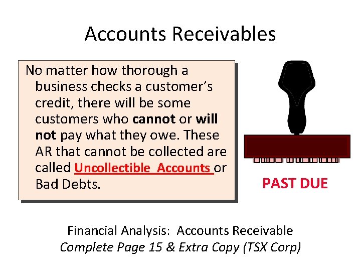 Accounts Receivables No matter how thorough a business checks a customer’s credit, there will