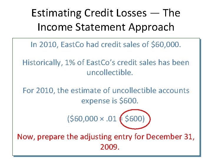 Estimating Credit Losses — The Income Statement Approach In 2010, East. Co had credit