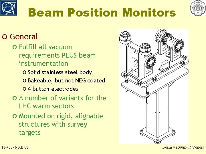 Beam Position Monitors o General o Fulfill all vacuum requirements PLUS beam instrumentation o