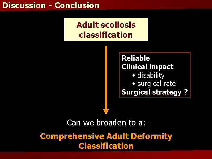 Discussion - Conclusion Adult scoliosis classification Reliable Clinical impact • disability • surgical rate