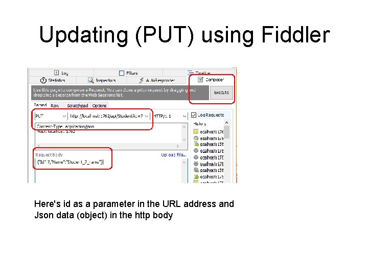 Updating (PUT) using Fiddler Here's id as a parameter in the URL address and