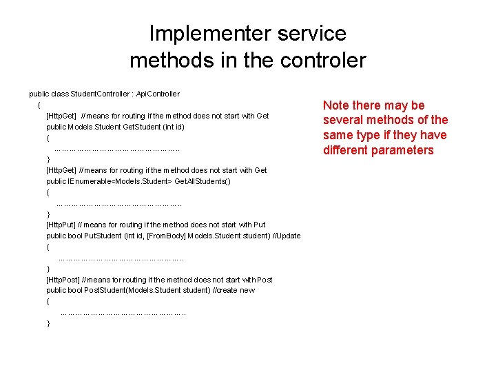 Implementer service methods in the controler public class Student. Controller : Api. Controller {