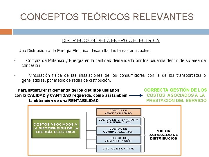 CONCEPTOS TEÓRICOS RELEVANTES DISTRIBUCIÓN DE LA ENERGÍA ELÉCTRICA Una Distribuidora de Energía Eléctrica, desarrolla