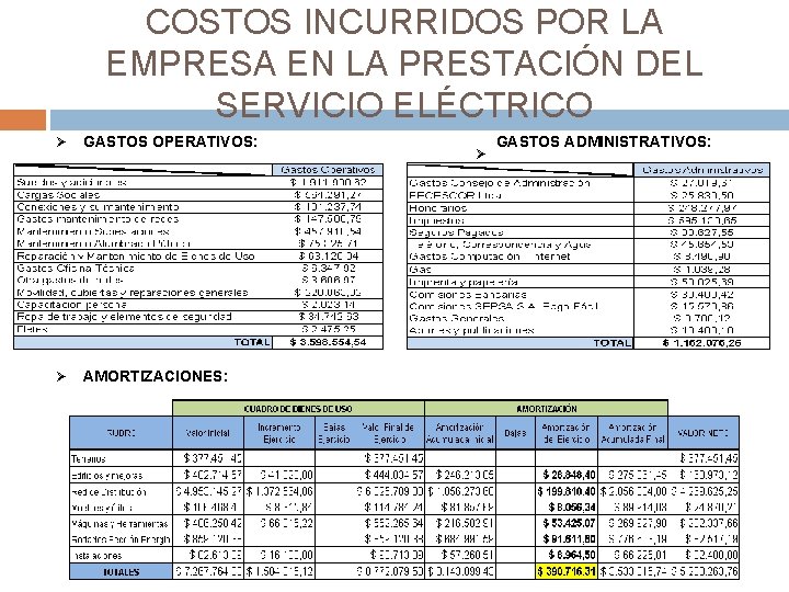 COSTOS INCURRIDOS POR LA EMPRESA EN LA PRESTACIÓN DEL SERVICIO ELÉCTRICO Ø GASTOS OPERATIVOS: