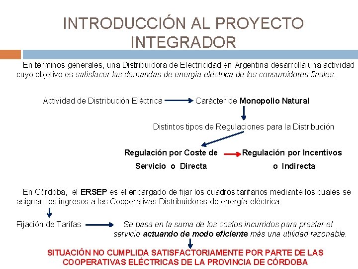 INTRODUCCIÓN AL PROYECTO INTEGRADOR En términos generales, una Distribuidora de Electricidad en Argentina desarrolla