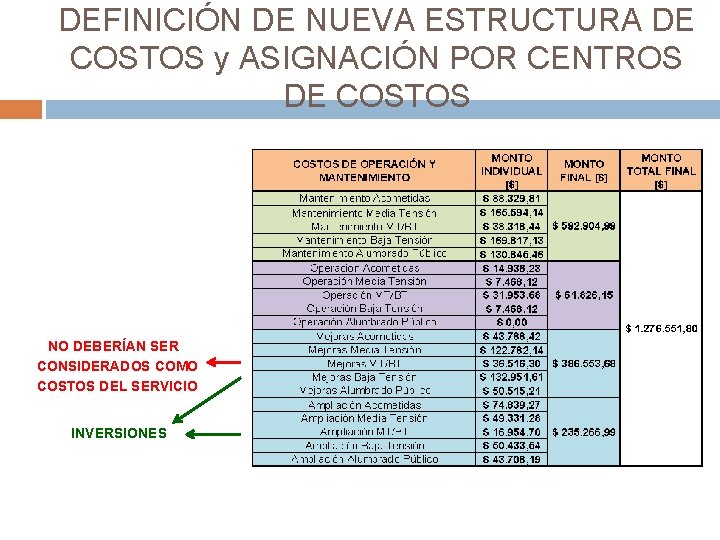 DEFINICIÓN DE NUEVA ESTRUCTURA DE COSTOS y ASIGNACIÓN POR CENTROS DE COSTOS NO DEBERÍAN