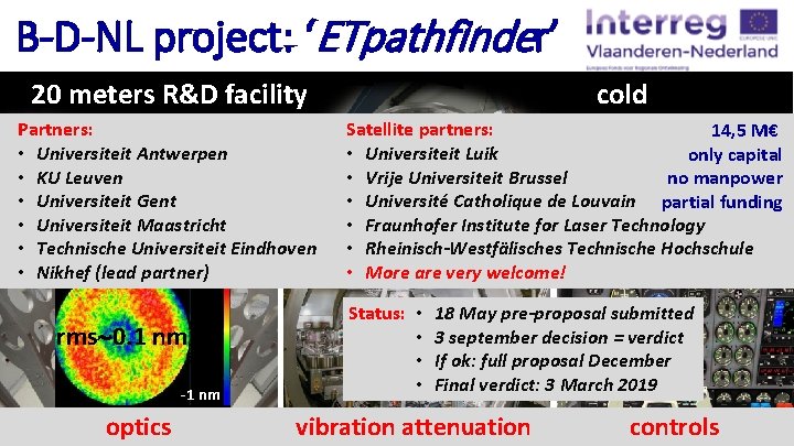 B-D-NL project: ‘ETpathfinder’ 20 meters R&D facility Partners: • Universiteit Antwerpen • KU Leuven