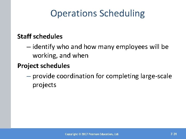 Operations Scheduling Staff schedules – identify who and how many employees will be working,