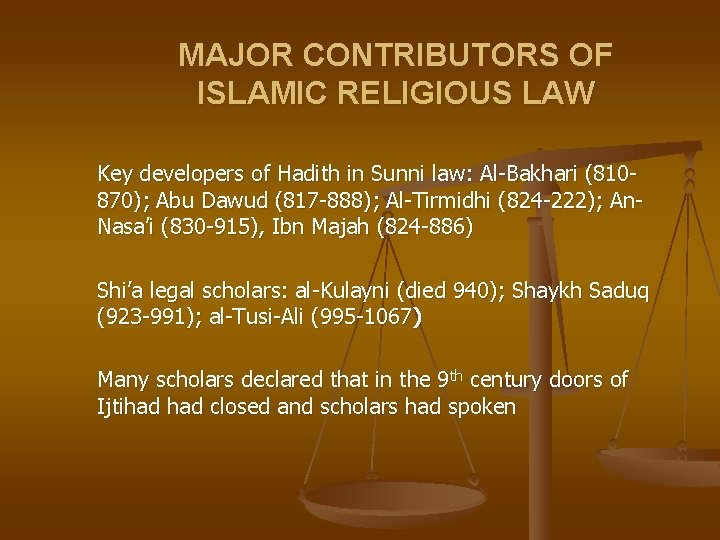 MAJOR CONTRIBUTORS OF ISLAMIC RELIGIOUS LAW Key developers of Hadith in Sunni law: Al-Bakhari