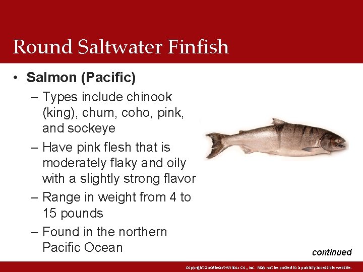 Round Saltwater Finfish • Salmon (Pacific) – Types include chinook (king), chum, coho, pink,