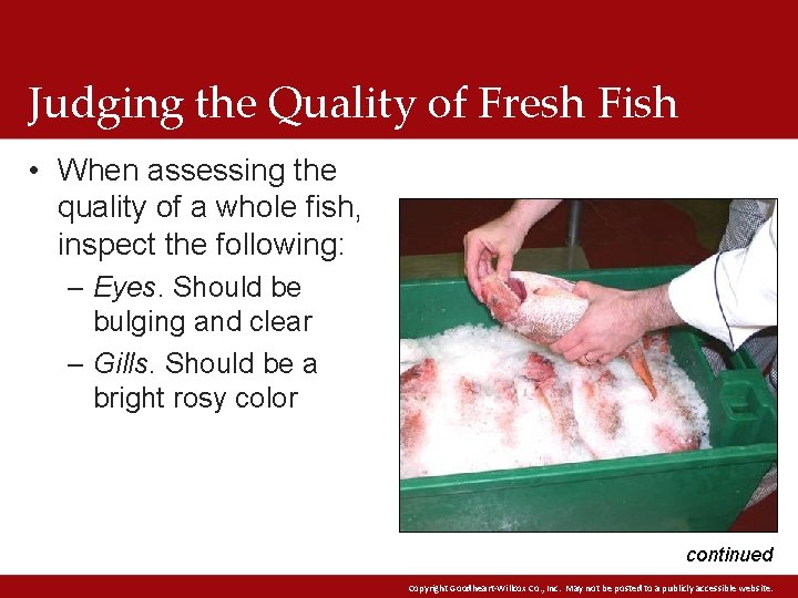 Judging the Quality of Fresh Fish • When assessing the quality of a whole