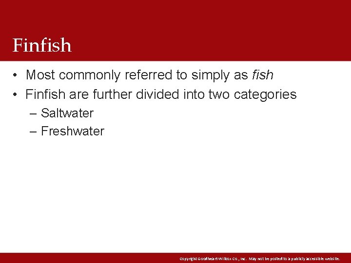 Finfish • Most commonly referred to simply as fish • Finfish are further divided