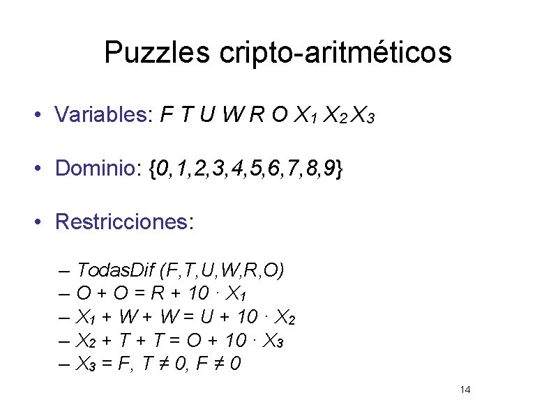 Puzzles cripto-aritméticos • Variables: F T U W R O X 1 X 2
