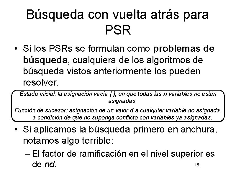 Búsqueda con vuelta atrás para PSR • Si los PSRs se formulan como problemas