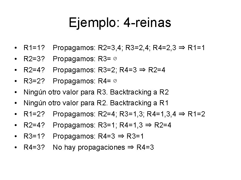 Ejemplo: 4 -reinas • R 1=1? Propagamos: R 2=3, 4; R 3=2, 4; R