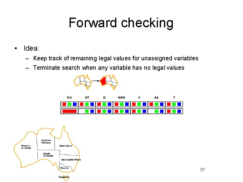 Forward checking • Idea: – Keep track of remaining legal values for unassigned variables