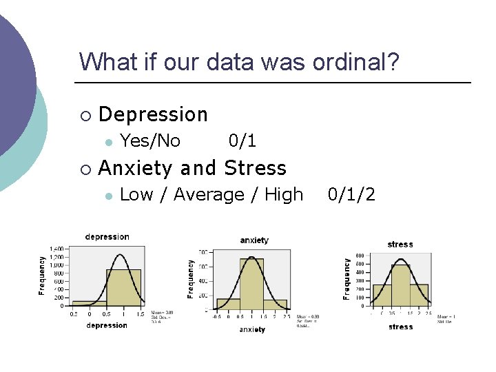 What if our data was ordinal? ¡ Depression l ¡ Yes/No 0/1 Anxiety and