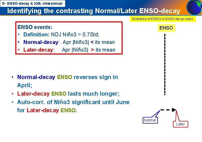 D- ENSO-decay & IOB, interannual Identifying the contrasting Normal/Later ENSO-decay Evolutions of ENSOs in