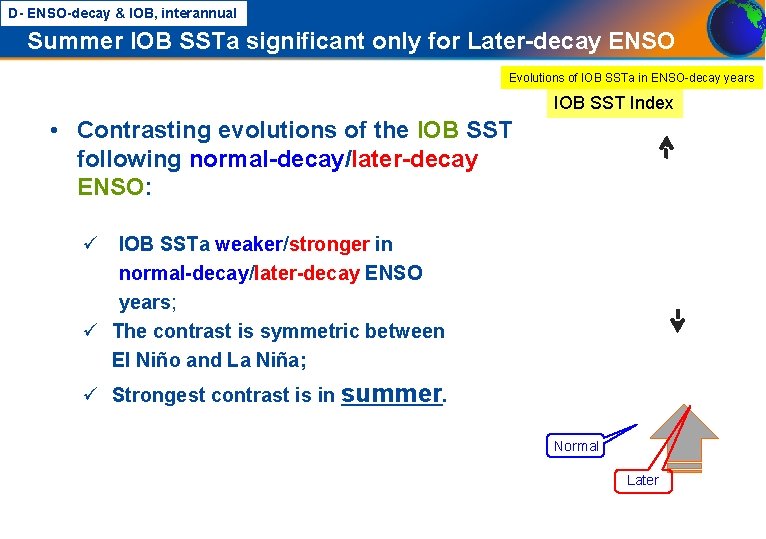 D- ENSO-decay & IOB, interannual Summer IOB SSTa significant only for Later-decay ENSO Evolutions
