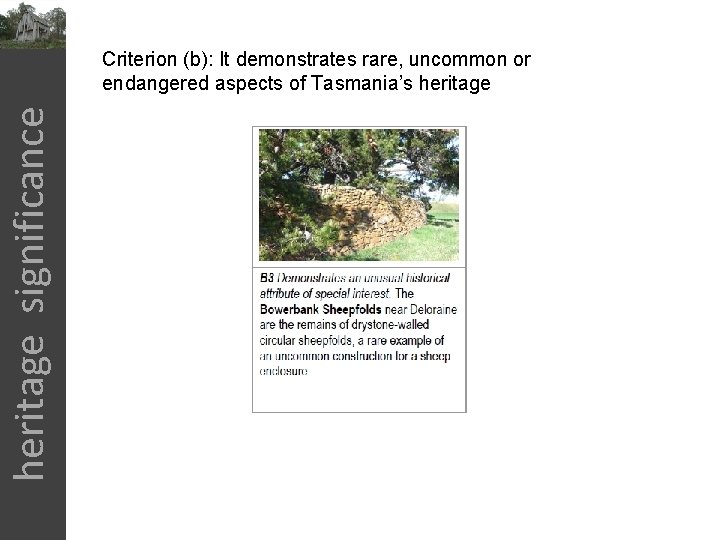 heritage significance Criterion (b): It demonstrates rare, uncommon or endangered aspects of Tasmania’s heritage