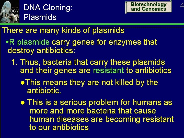 DNA Cloning: Plasmids Biotechnology and Genomics There are many kinds of plasmids R plasmids