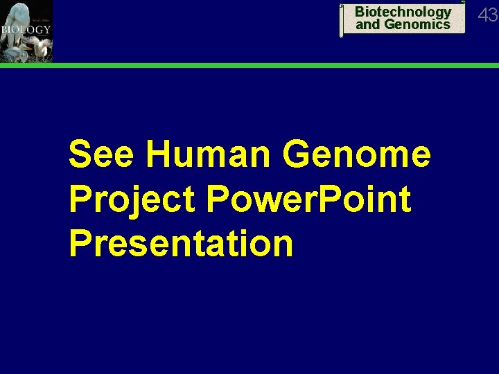 Biotechnology and Genomics See Human Genome Project Power. Point Presentation 43 