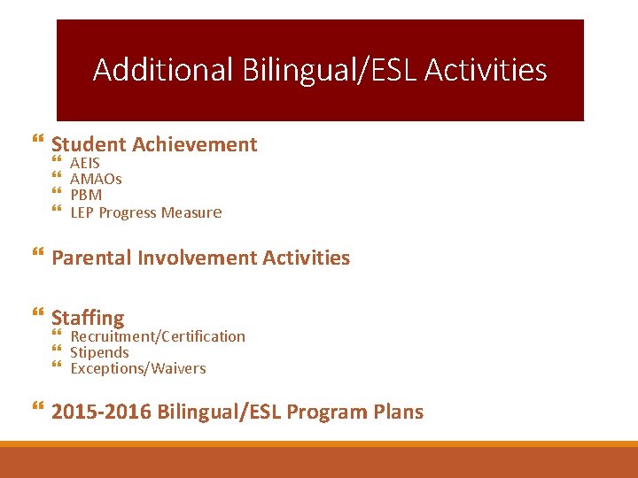 Additional Bilingual/ESL Activities Student Achievement AEIS AMAOs PBM LEP Progress Measure Parental Involvement Activities