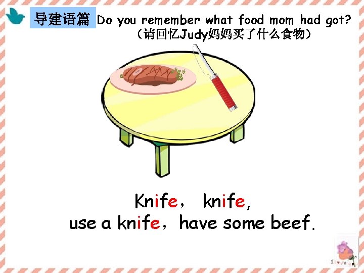 导建语篇 Do you remember what food mom had got? （请回忆Judy妈妈买了什么食物） Knife， knife, use a