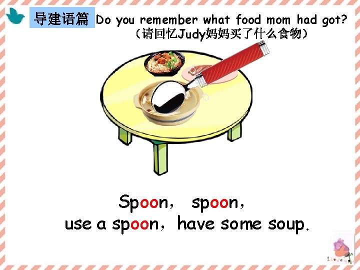 导建语篇 Do you remember what food mom had got? （请回忆Judy妈妈买了什么食物） Spoon， spoon， use a