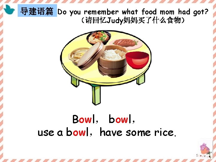导建语篇 Do you remember what food mom had got? （请回忆Judy妈妈买了什么食物） Bowl， bowl， use a