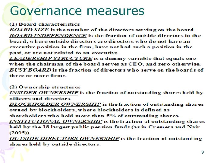Governance measures 9 