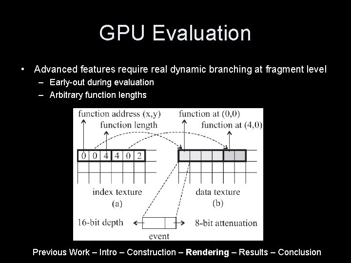 GPU Evaluation • Advanced features require real dynamic branching at fragment level – Early-out GPU Evaluation • Advanced features require real dynamic branching at fragment level – Early-out