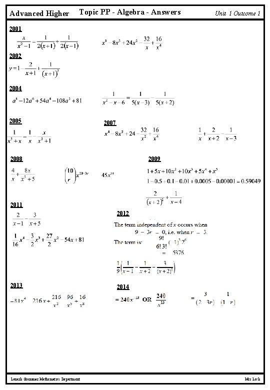 Advanced Higher Topic PP - Algebra - Answers Unit 1 Outcome 1 2002 2004