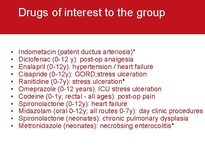 Drugs of interest to the group • • • Indometacin (patent ductus arteriosis)* Diclofenac