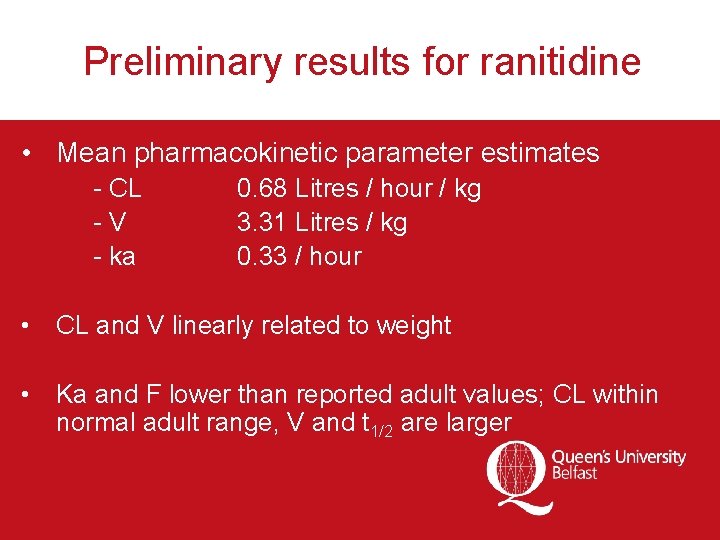 Preliminary results for ranitidine • Mean pharmacokinetic parameter estimates - CL -V - ka