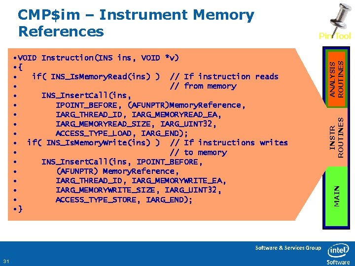CMP$im – Instrument Memory References Software & Services Group 31 INSTR ROUTINES MAIN •